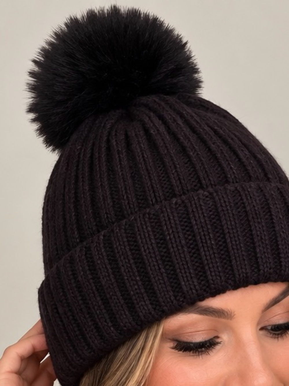 Classic Black Ribbed Beanie with Pom - Women Accessories